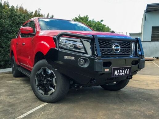 Nissan NP300 2020+ fitted with GEN II steel bull bar with recovery points and DRL indicator compatibility
