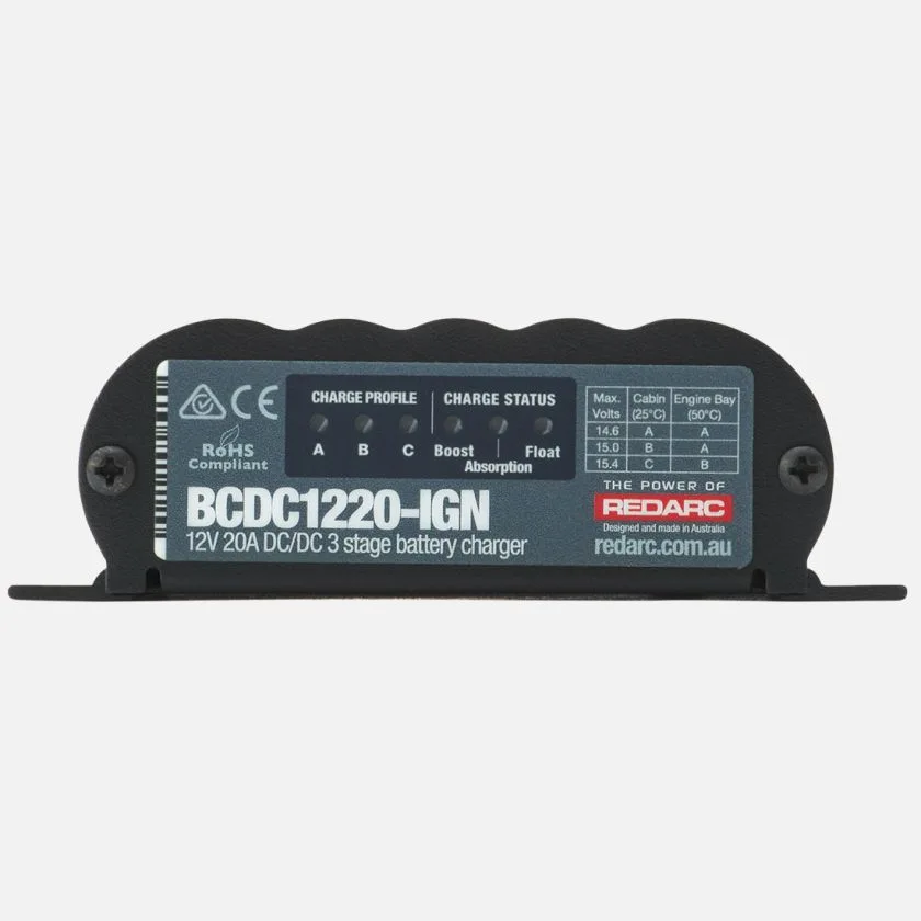 Front view of REDARC BCDC1220-IGN 20A DC DC Charger showing charge profile and status indicators