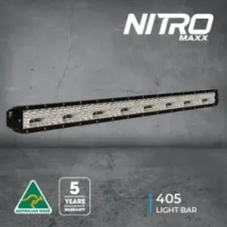 Nitro Maxx 405 light bar mounted against a concrete background, with Australian Made and 5-year warranty badges visible.