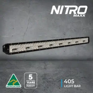 Nitro Maxx 405 light bar mounted against a concrete background, with Australian Made and 5-year warranty badges visible.