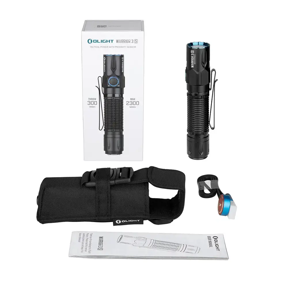 Olight Warrior 3S rechargeable LED torch kit with holster, magnetic charger and user manual