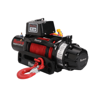 Runva 11XP Premium RED Edition 12V winch with 11,000lb pull, IP67 protection, stainless rotary clutch, and 10mm x 25m synthetic rope.