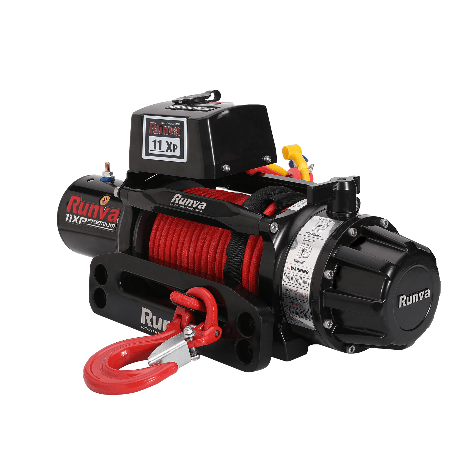 Runva 11XP Premium RED Edition 12V winch with 11,000lb pull, IP67 protection, stainless rotary clutch, and 10mm x 25m synthetic rope.