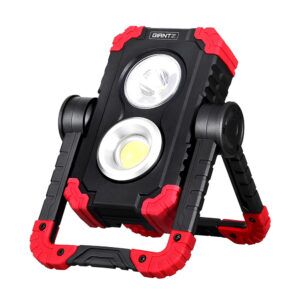 Rechargeable work light Giantz USB cordless LED lamp with 1000 lumens, 360° rotating stand, folding design, 4400mAh battery, and power bank.
