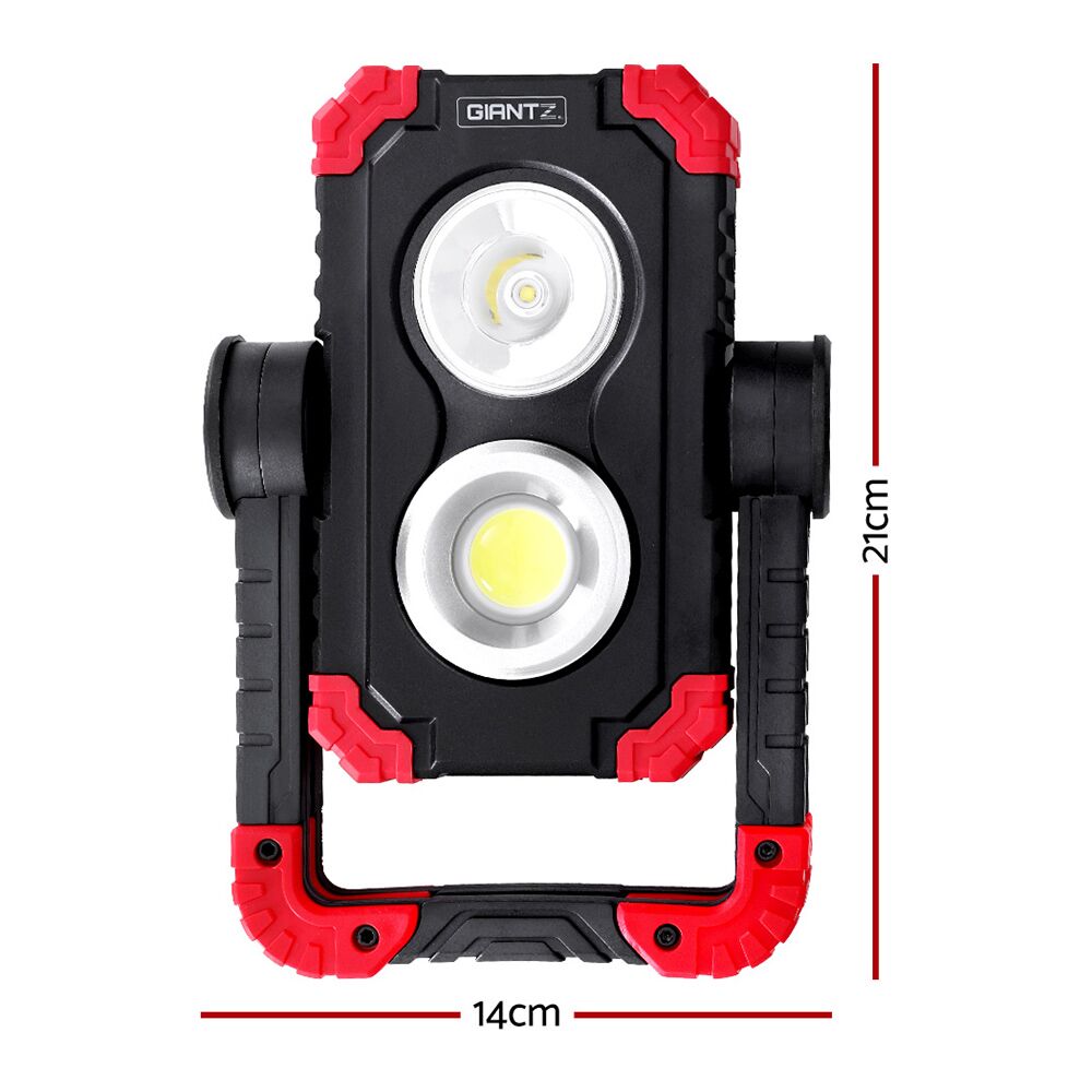 Rechargeable work light Giantz USB cordless LED lamp with 1000 lumens, 360° rotating stand, folding design, 4400mAh battery, and power bank.
