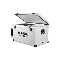 EvaKool 110L Infinity RF Fibreglass Fridge Freezer open with dual-zone interior