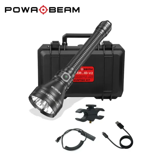 Powa Beam Asteroid V2 rechargeable LED torch kit with battery pack, scope mount, remote switch and accessories