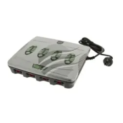 Grey 4-in-1 battery charger with four charging indicators, front connectors and power lead.