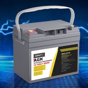AGM 12V 40Ah Golf Buggy Battery showing compact design with carry handle, perfect for golf buggies, camping setups and portable 12V power