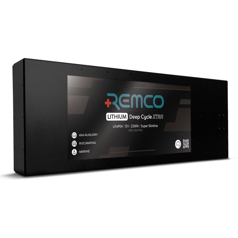 Remco Slimline Lithium Battery in aluminium casing showing slim profile and terminal layout.