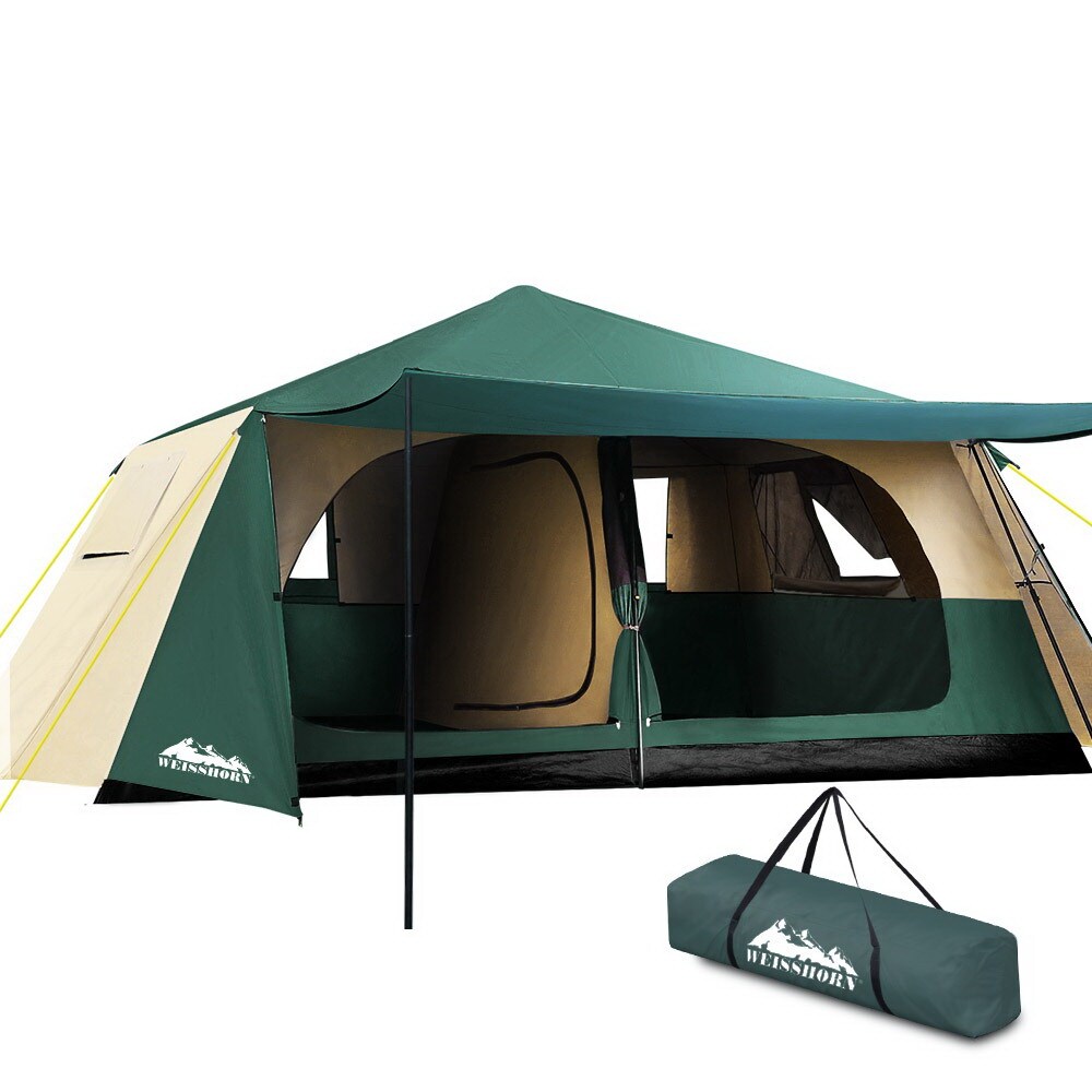 Weisshorn 8 person tent instant up dome in green with two private rooms, awning, mesh windows, steel poles, and PU3000mm weather protection.