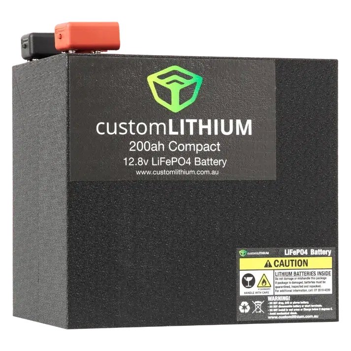 Custom Lithium Compact Battery 200Ah with black enclosure and covered terminals