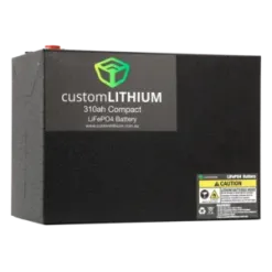 Custom Lithium Compact Battery 310Ah showing front branding and safety label