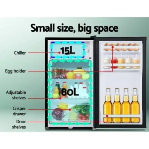 Glacio 95L portable upright fridge freezer with 80L fridge, 15L chiller, adjustable shelves and crisper drawer