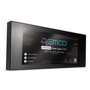 Remco Slimline Lithium Battery in aluminium casing showing slim profile and terminal layout.