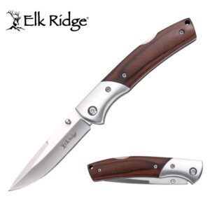 Elk Ridge wood and stainless lockback pocket knife with 3Cr13MoV blade and lockback design.