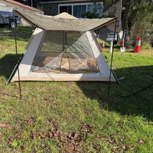 4 person camping tent front view with extended awning and large mesh entry door