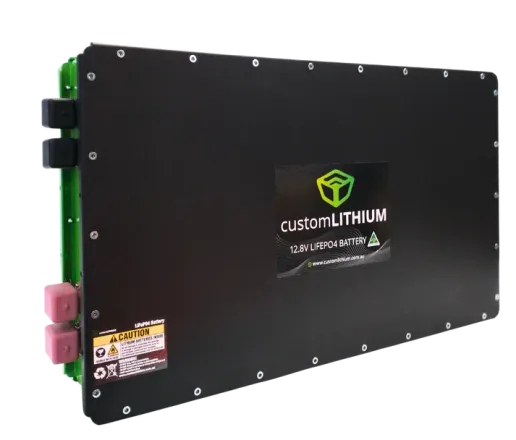 Custom Lithium Ultra Slim XL Battery 800Ah with black enclosure and covered terminals