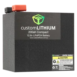 Custom Lithium Compact Battery 200Ah with black enclosure and covered terminals