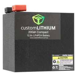 Custom Lithium Compact Battery 200Ah with black enclosure and covered terminals