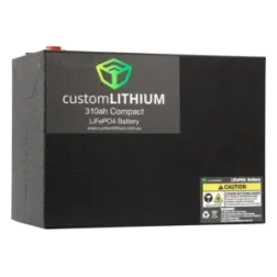 Custom Lithium Compact Battery 310Ah showing front branding and safety label