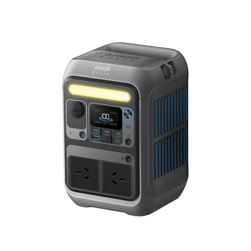 Anker SOLIX C300 quiet portable power station powering devices while camping at night