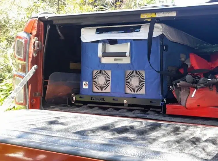 Evakool 80L Down Under4 > 4wd Lights and Camping Online Store Evakool 80L Down Under II Dual Zone Fridge Freezer in ute canopy
