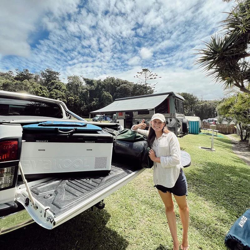 Evakool 80L Down Under6 > 4wd Lights and Camping Online Store Evakool 80L Down Under II Dual Zone Fridge Freezer in ute tray at campsite